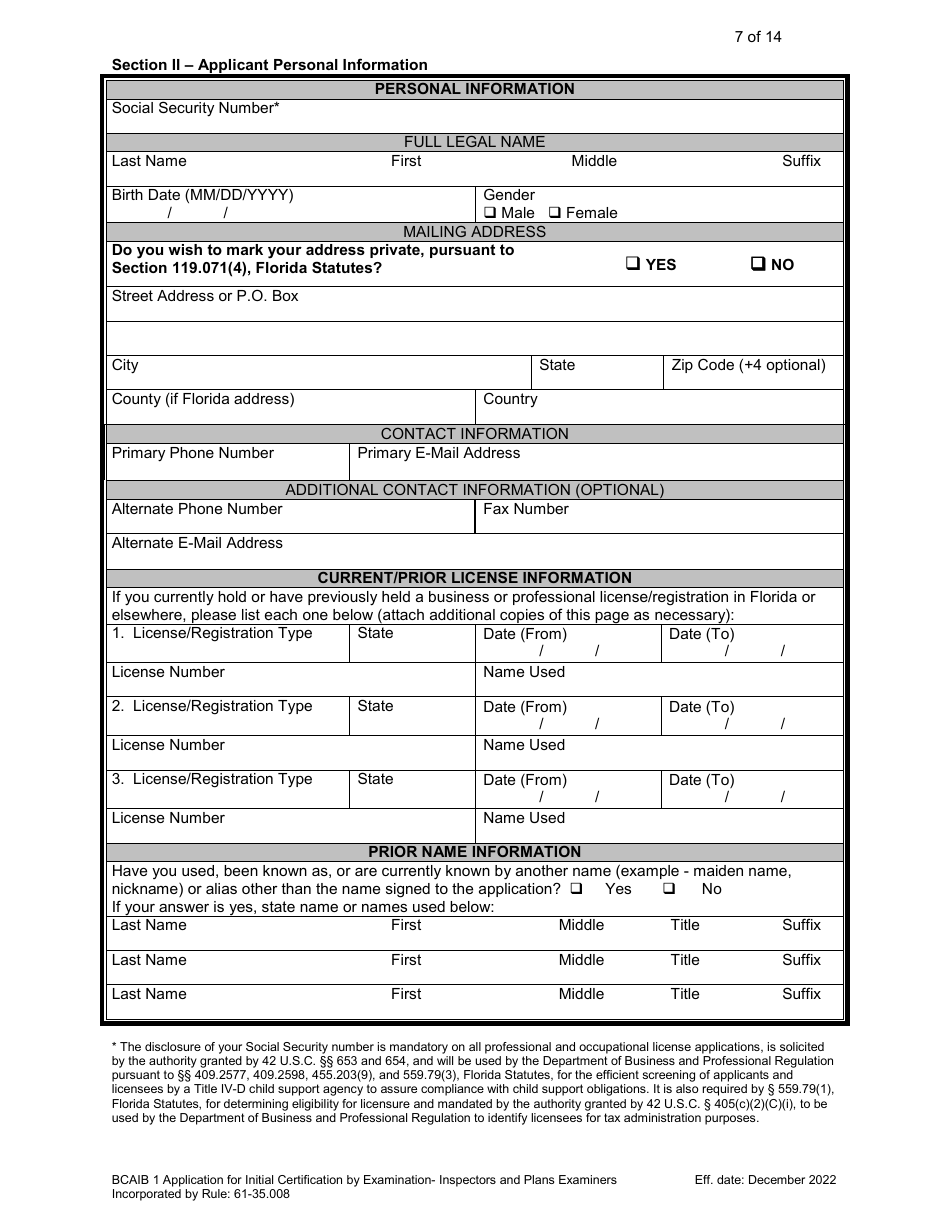 Form DBPR BCAIB1 Application for Initial Certification by Examination or Endorsement - Inspectors and Plans Examiners - Florida, Page 8