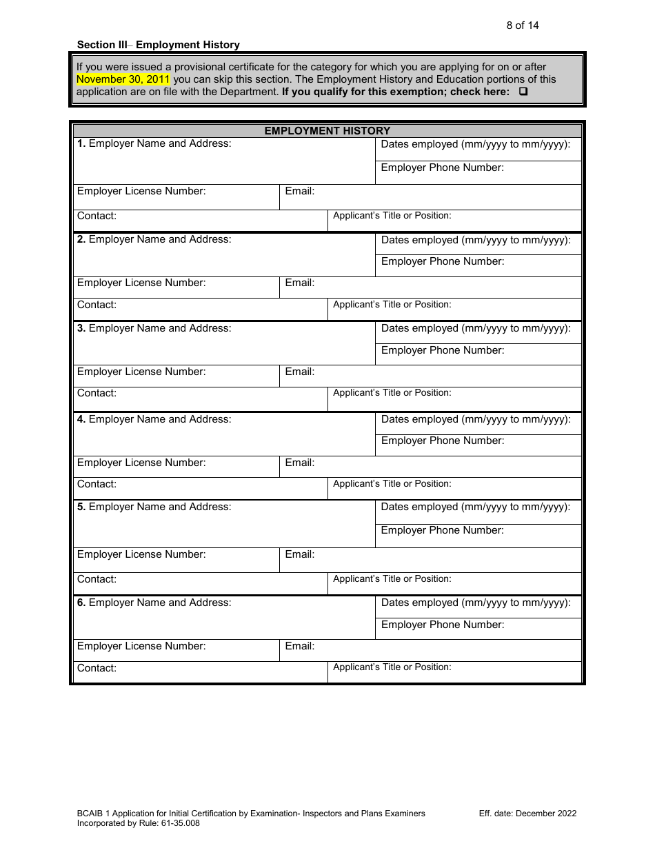 Form DBPR BCAIB1 Application for Initial Certification by Examination or Endorsement - Inspectors and Plans Examiners - Florida, Page 9