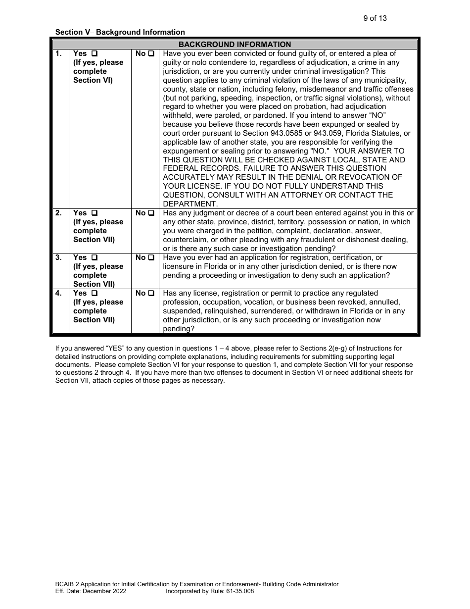 Form DBPR BCAIB2 Application for Initial Certification by Examination or Endorsement - Building Code Administrator - Florida, Page 10