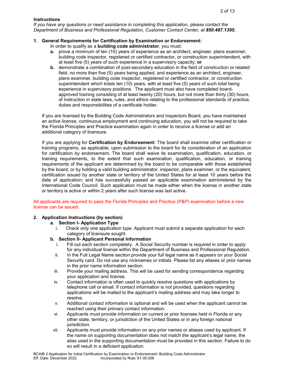 Form DBPR BCAIB2 Application for Initial Certification by Examination or Endorsement - Building Code Administrator - Florida, Page 3