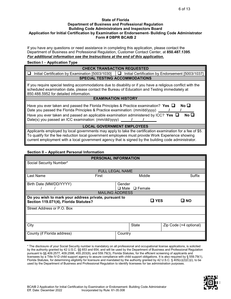 Form DBPR BCAIB2 Application for Initial Certification by Examination or Endorsement - Building Code Administrator - Florida, Page 7