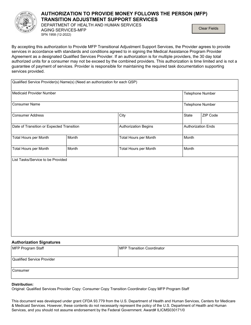 Form SFN1958 Authorization to Provide Money Follows the Person (Mfp) Transition Adjustment Support Services - North Dakota, Page 1