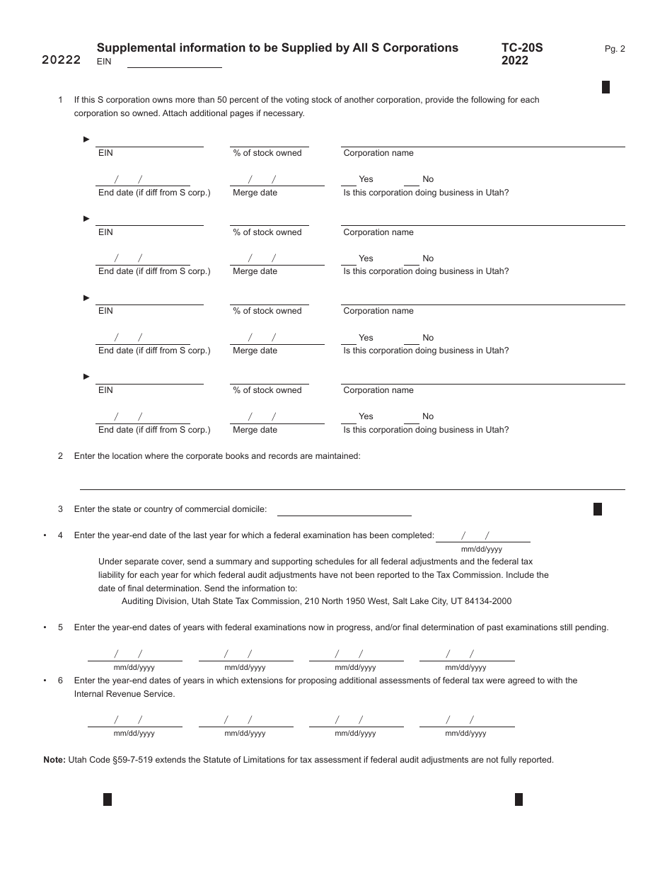 Form TC-20S Utah S Corporation Return - Utah, Page 2
