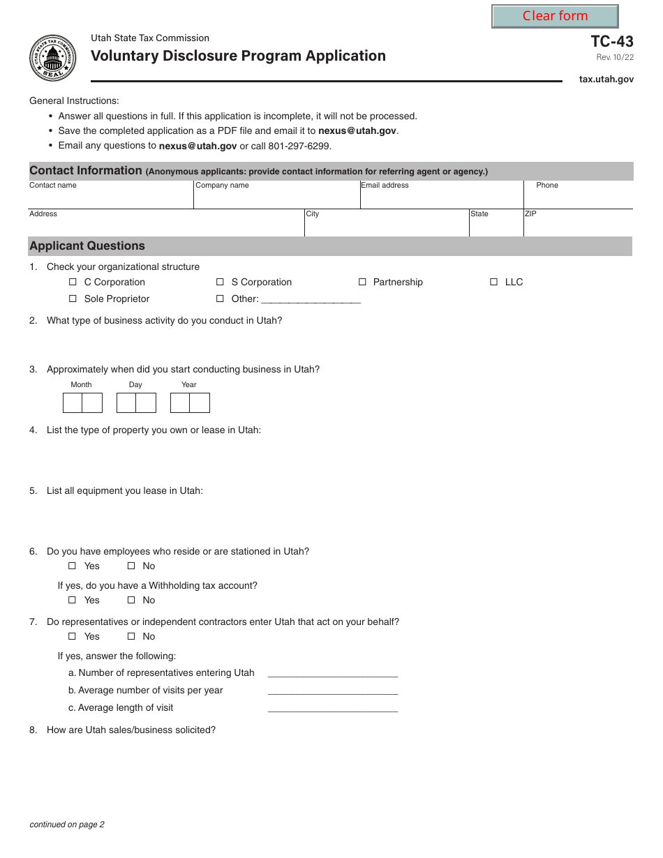 Form TC-43 Voluntary Disclosure Program Application - Utah, Page 1