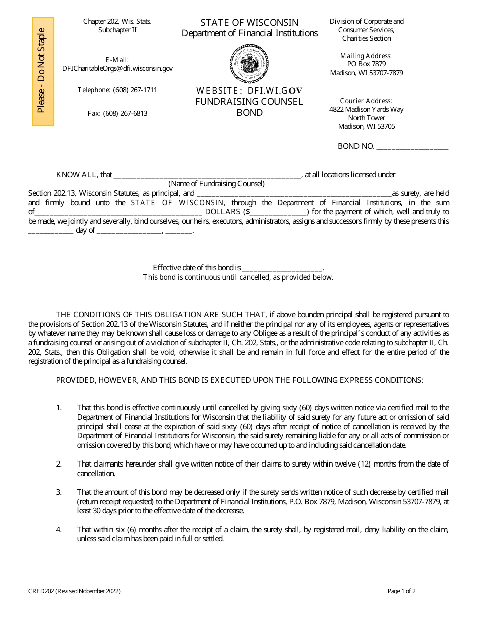 Form CRED202 Fundraising Counsel Bond - Wisconsin, Page 1