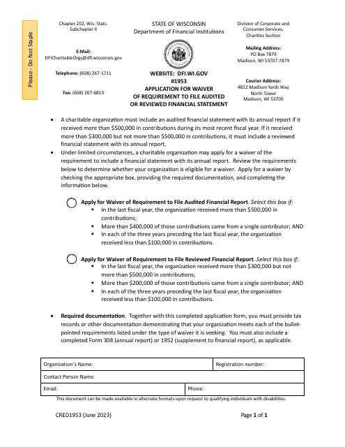 Form CRED1953 Application for Waiver of Requirement to File Audited or Reviewed Financial Statement - Wisconsin
