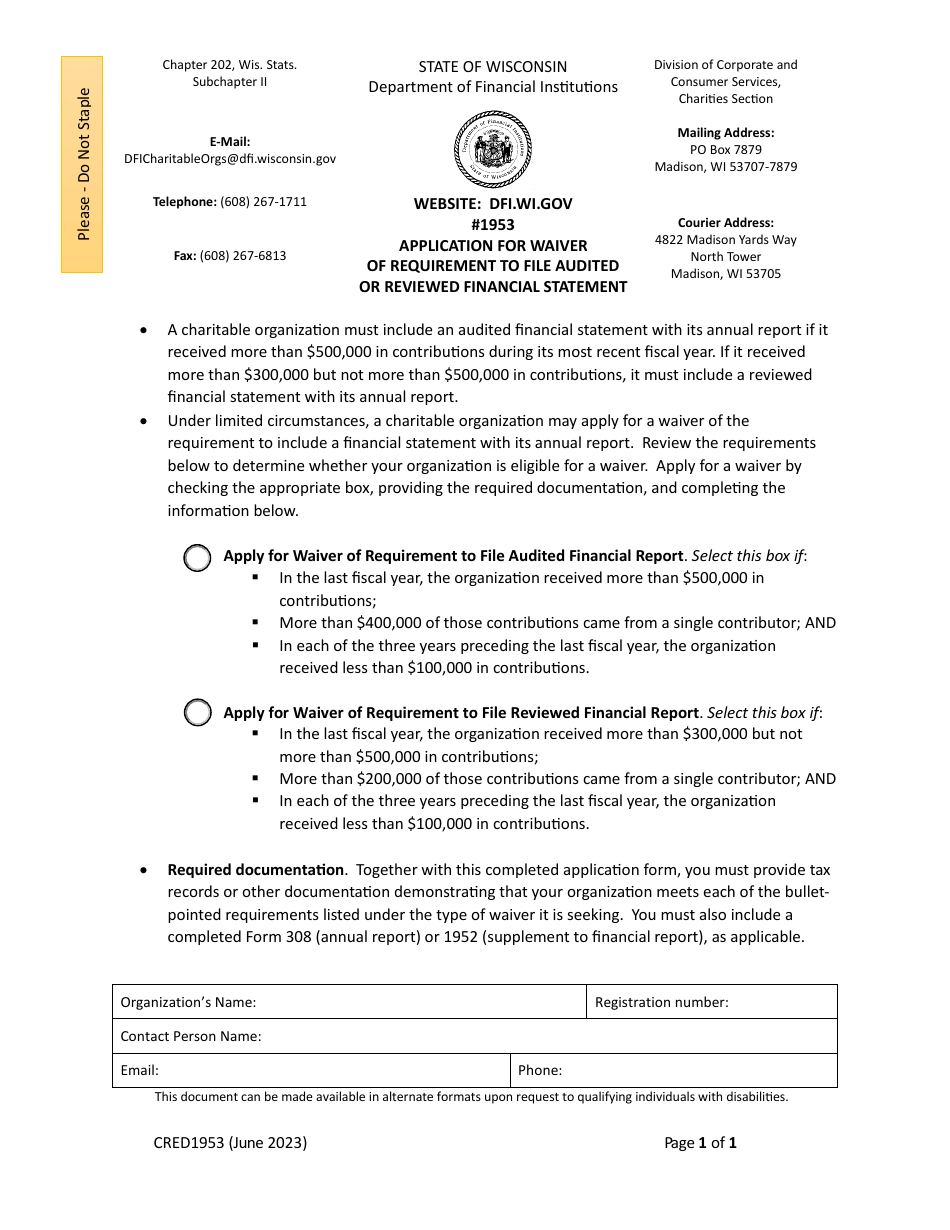 Form CRED1953 Application for Waiver of Requirement to File Audited or Reviewed Financial Statement - Wisconsin, Page 1