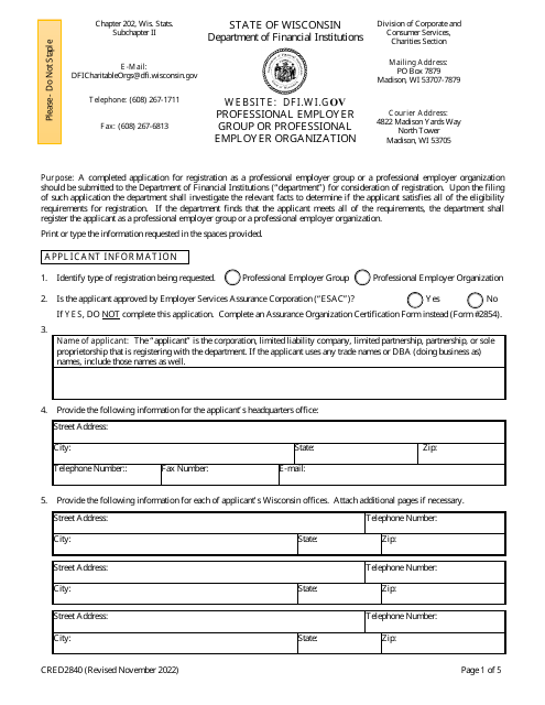 Form CRED2840 Application for Registration as a Professional Employer Group or a Professional Employer Organization - Wisconsin