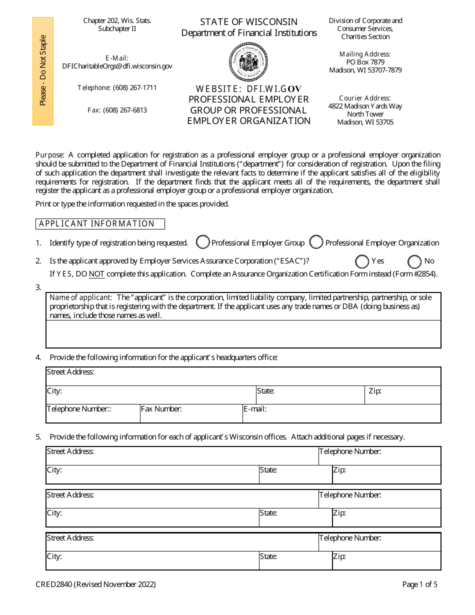 Form CRED2840 Application for Registration as a Professional Employer Group or a Professional Employer Organization - Wisconsin, Page 1