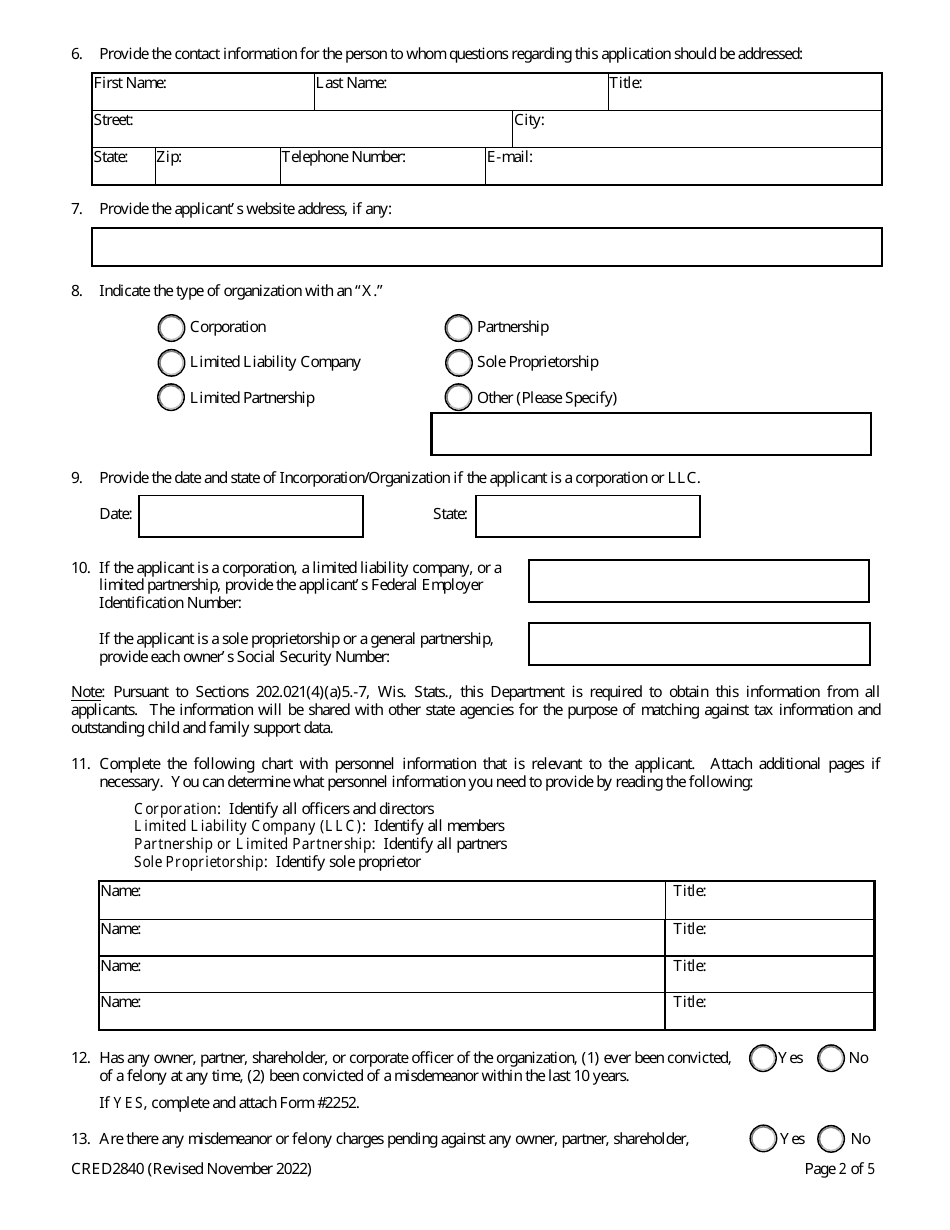 Form CRED2840 Application for Registration as a Professional Employer Group or a Professional Employer Organization - Wisconsin, Page 2