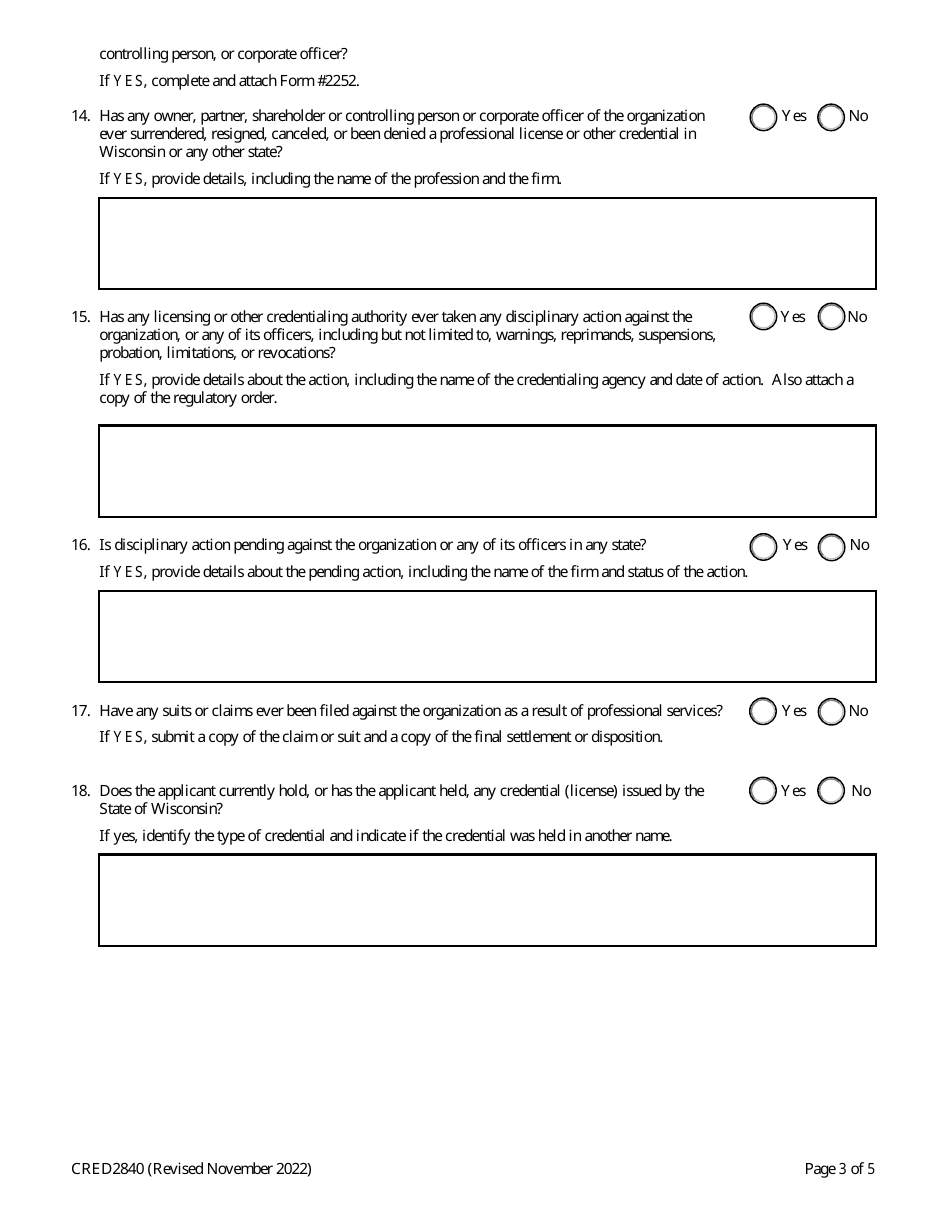 Form CRED2840 Application for Registration as a Professional Employer Group or a Professional Employer Organization - Wisconsin, Page 3