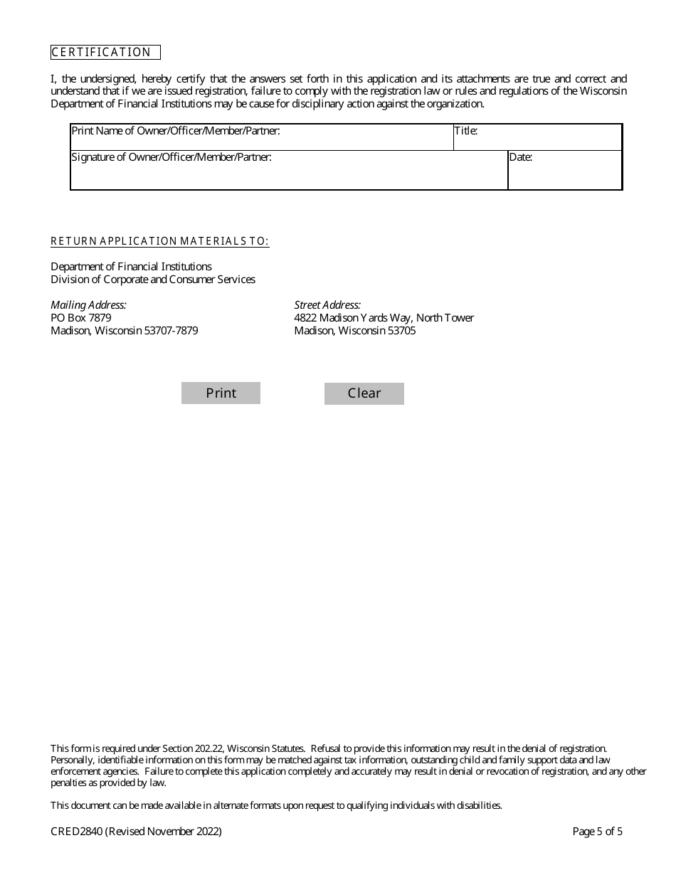 Form CRED2840 Application for Registration as a Professional Employer Group or a Professional Employer Organization - Wisconsin, Page 5