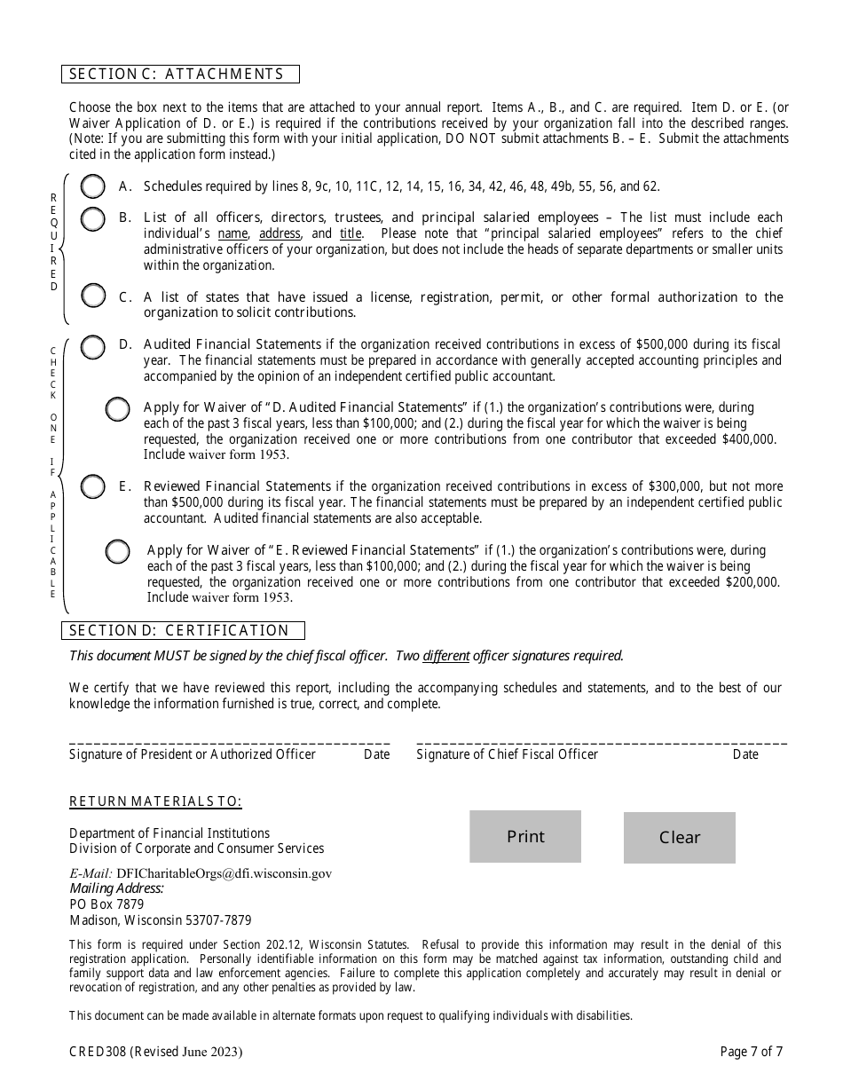 Form CRED308 Charitable Organization Annual Report - Wisconsin, Page 12