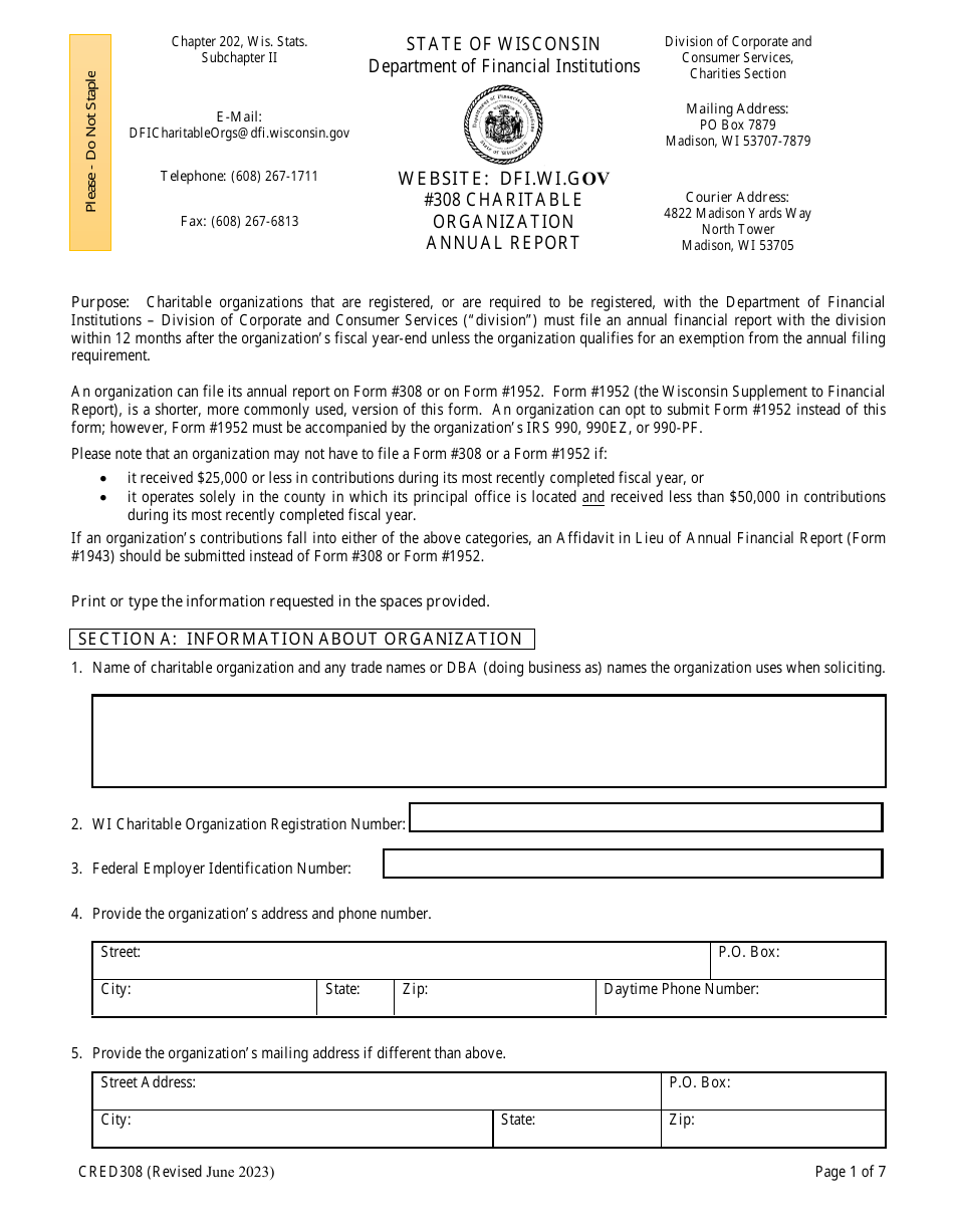 Form CRED308 Charitable Organization Annual Report - Wisconsin, Page 6