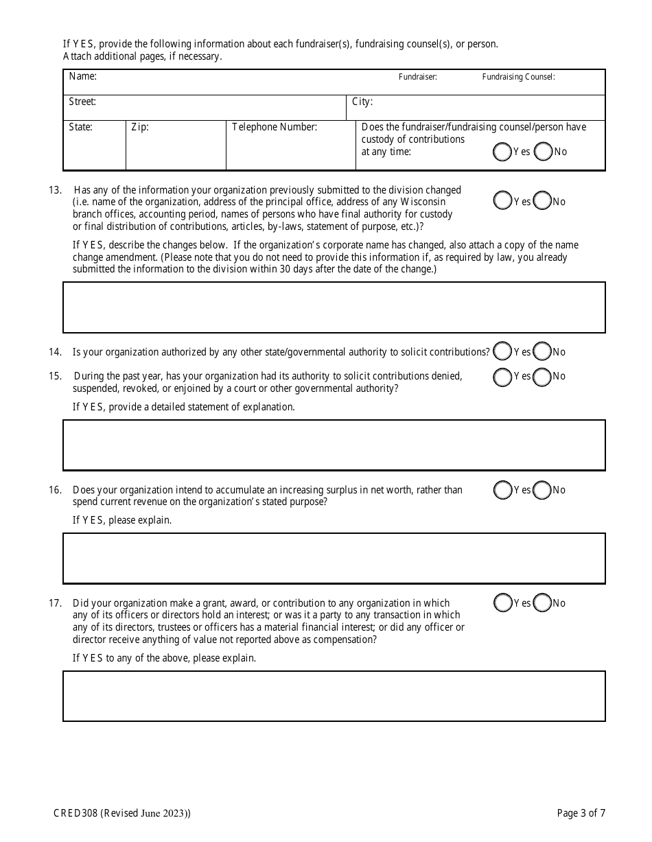 Form CRED308 Charitable Organization Annual Report - Wisconsin, Page 8