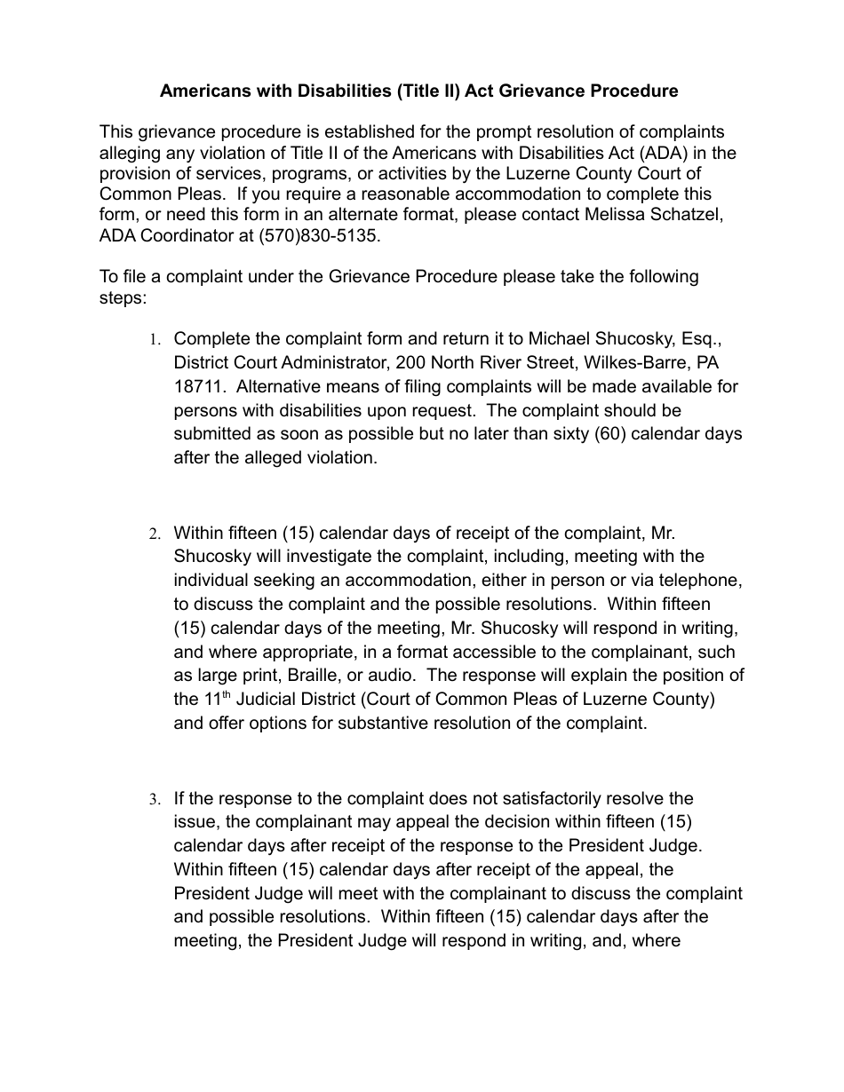Americans With Disabilites Act (Ada) Title II Grievance Form - Luzerne County, Pennsylvania, Page 2