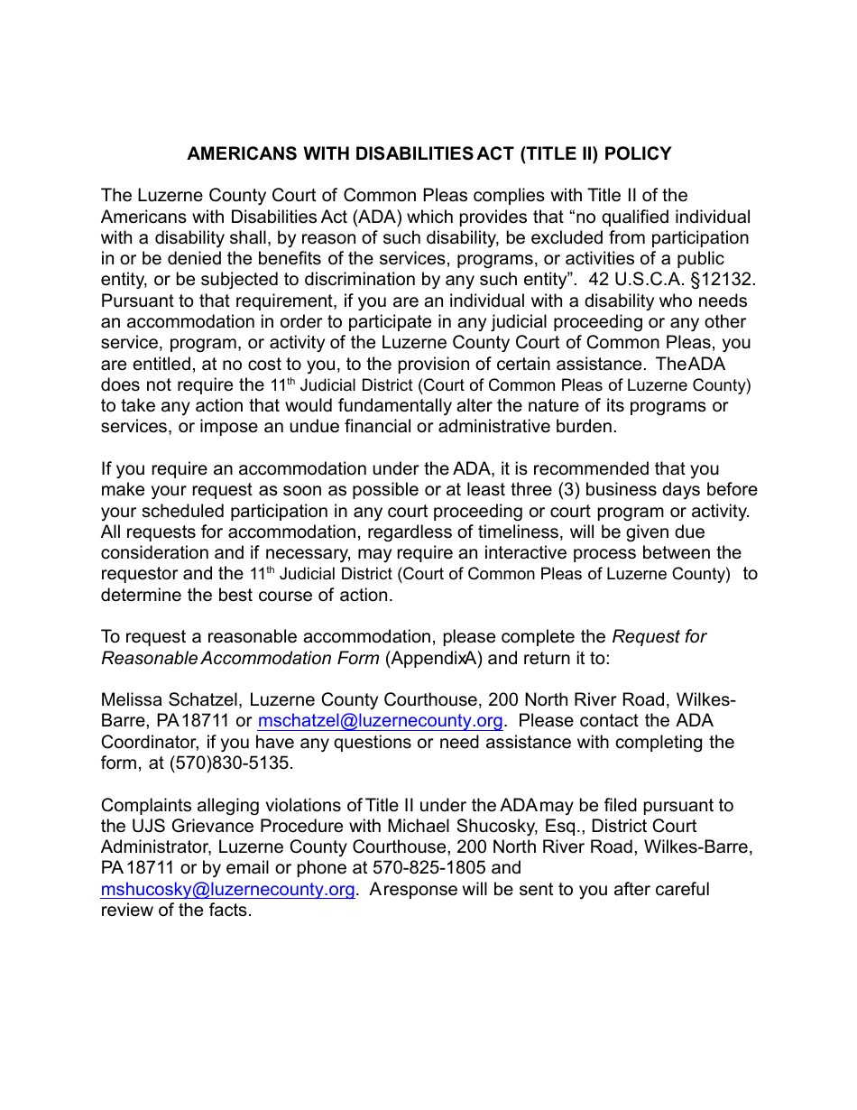 Americans With Disabilites Act Accommodation (Ada) Title II Request for Reseasonable Accommodation Form - Luzerne County, Pennsylvania, Page 2