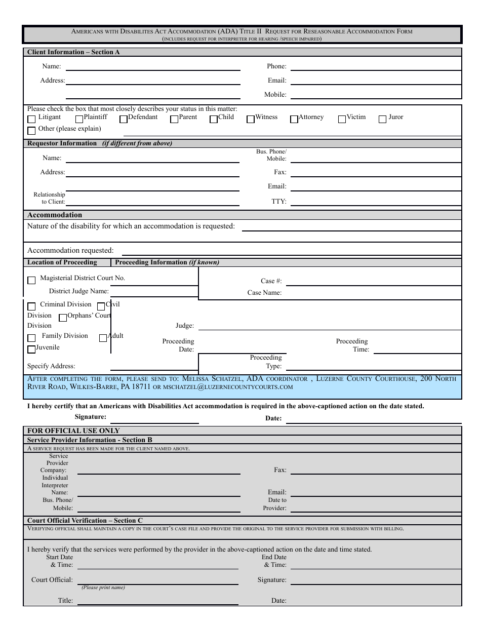 Americans With Disabilites Act Accommodation (Ada) Title II Request for Reseasonable Accommodation Form - Luzerne County, Pennsylvania, Page 3