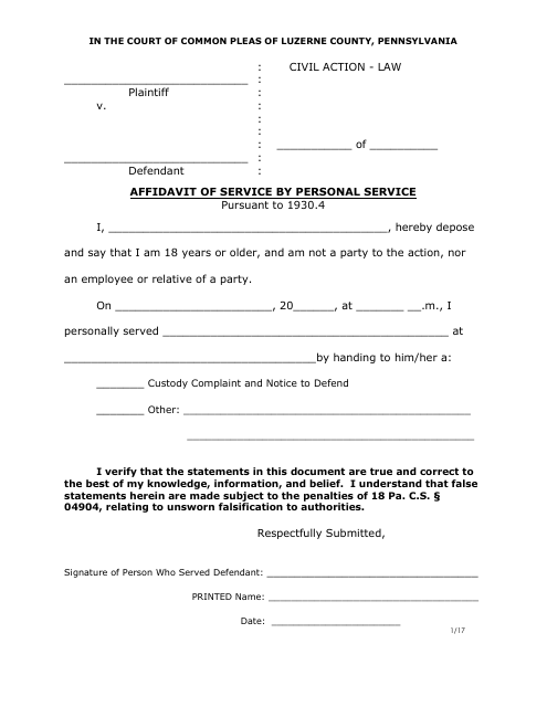 Affidavit of Service by Personal Service - Luzerne County, Pennsylvania Download Pdf