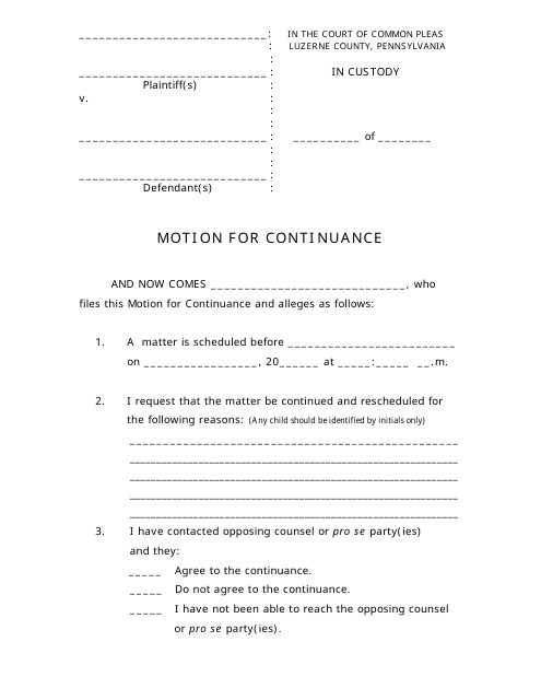 Motion for Continuance - Luzerne County, Pennsylvania Download Pdf