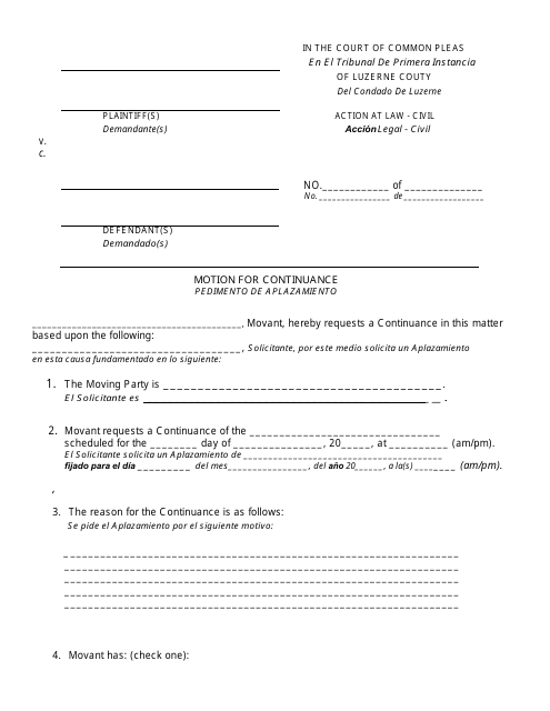 Motion and Order for Continuance - Civil - Luzerne County, Pennsylvania (English / Spanish) Download Pdf