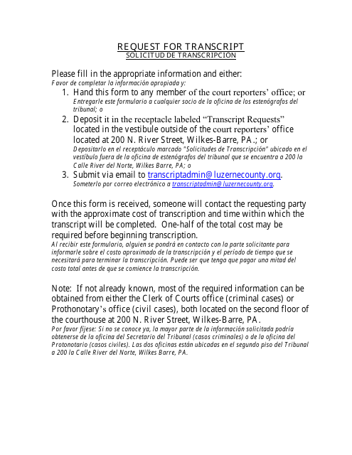 Request for Transcript - Luzerne County, Pennsylvania (English / Spanish) Download Pdf