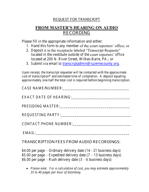 Request for Transcript From Master's Hearing on Audio Recording - Luzerne County, Pennsylvania Download Pdf