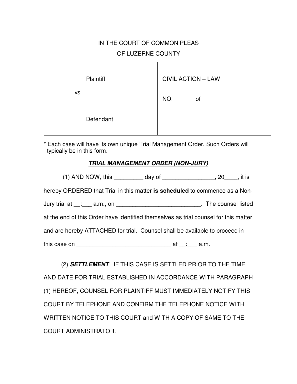 Trial Management Order (Non-jury) - Luzerne County, Pennsylvania, Page 1