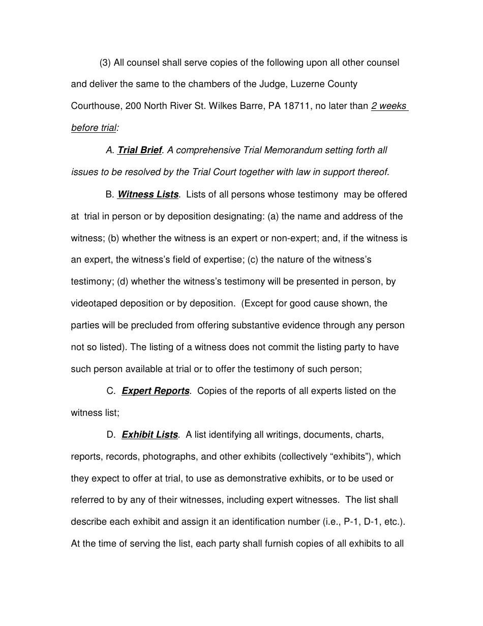 Trial Management Order (Non-jury) - Luzerne County, Pennsylvania, Page 2