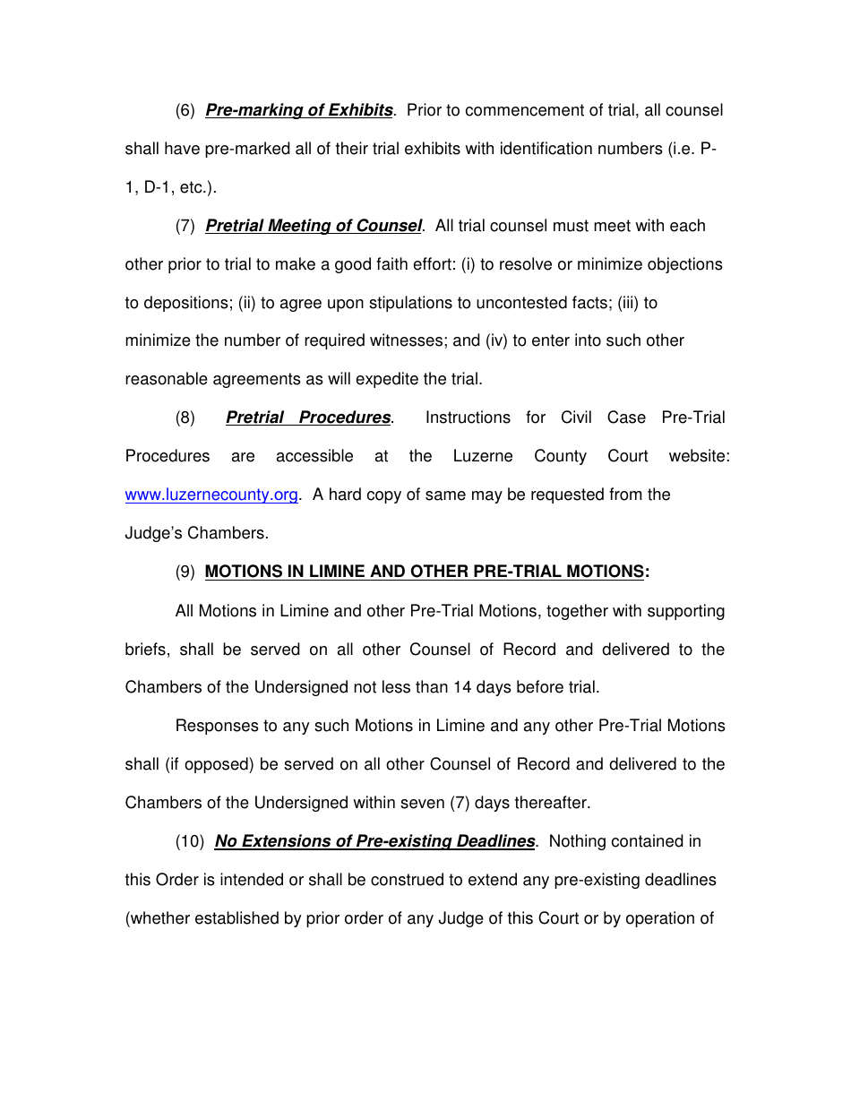 Trial Management Order (Non-jury) - Luzerne County, Pennsylvania, Page 4
