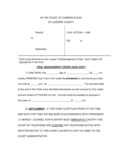 Trial Management Order (Non-jury) - Luzerne County, Pennsylvania Download Pdf