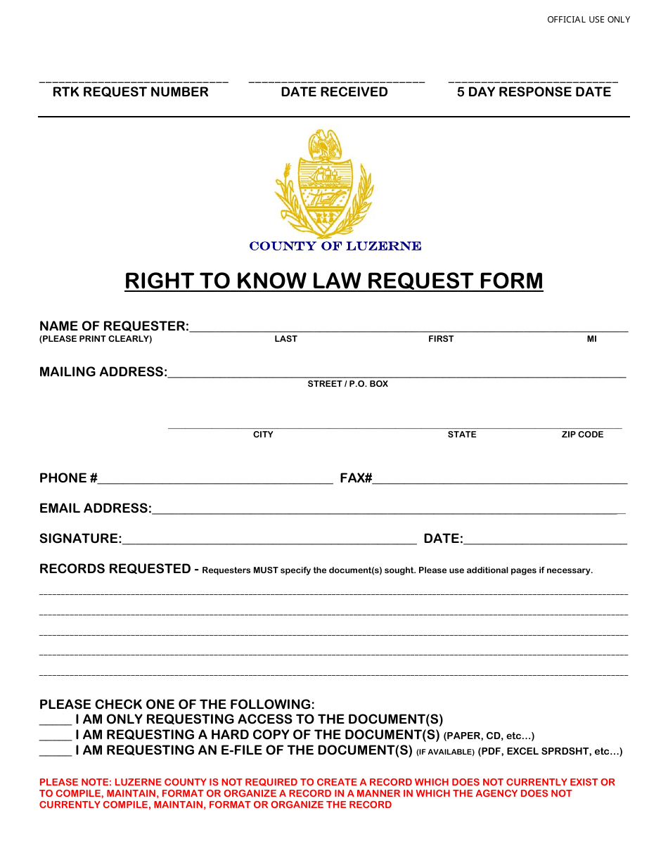 Right to Know Law Request Form - Luzerne County, Pennsylvania, Page 1