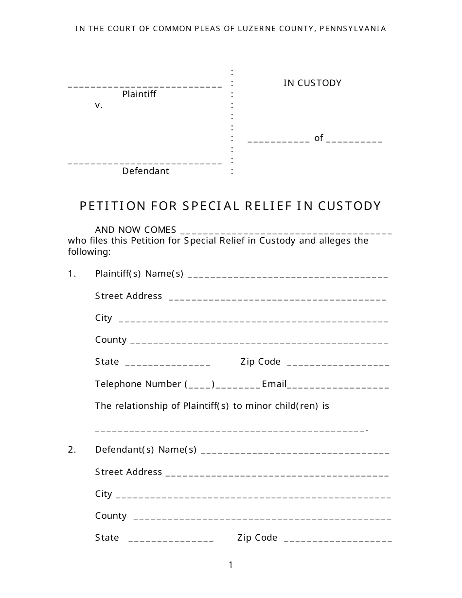 Petition for Special Relief in Custody - Luzerne County, Pennsylvania, Page 1