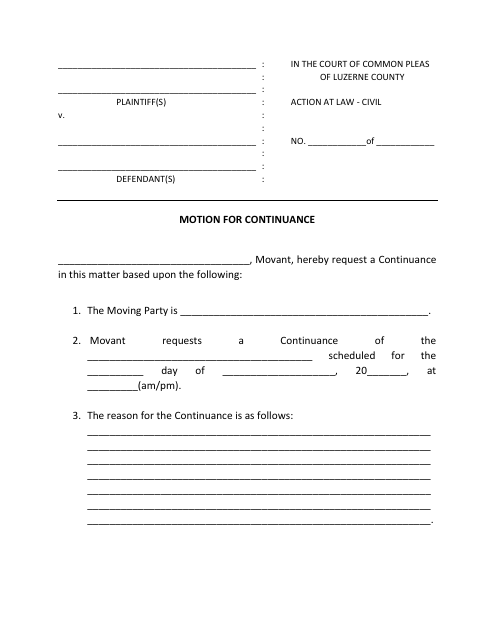 Motion and Order for Continuance - Civil - Luzerne County, Pennsylvania Download Pdf