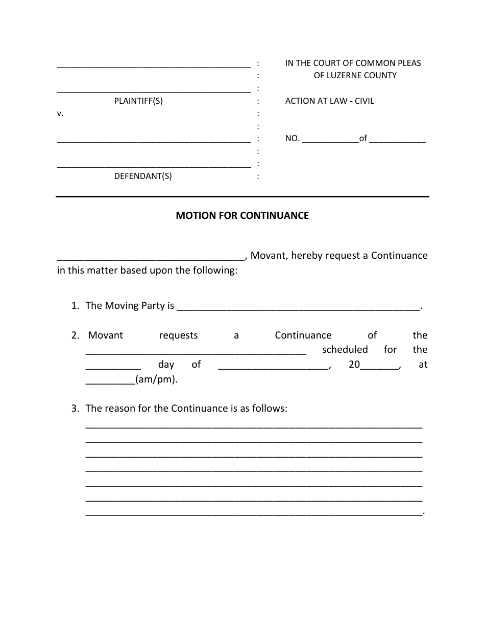 Luzerne County, Pennsylvania Motion and Order for Continuance Civil
