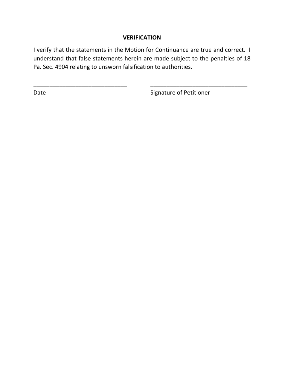 Luzerne County, Pennsylvania Motion and Order for Continuance Civil