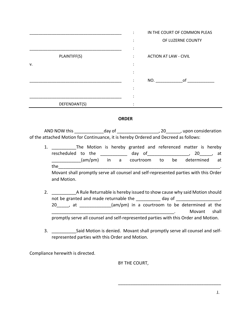 Luzerne County, Pennsylvania Motion And Order For Continuance - Civil 