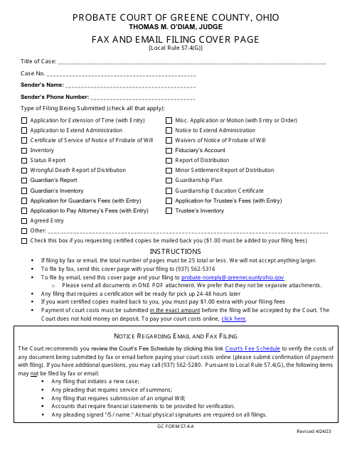 GC Form 57.4-A Fax and Email Filing Cover Page - Greene County, Ohio