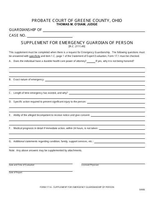Form 17.1A Supplement for Emergency Guardian of Person - Greene County, Ohio