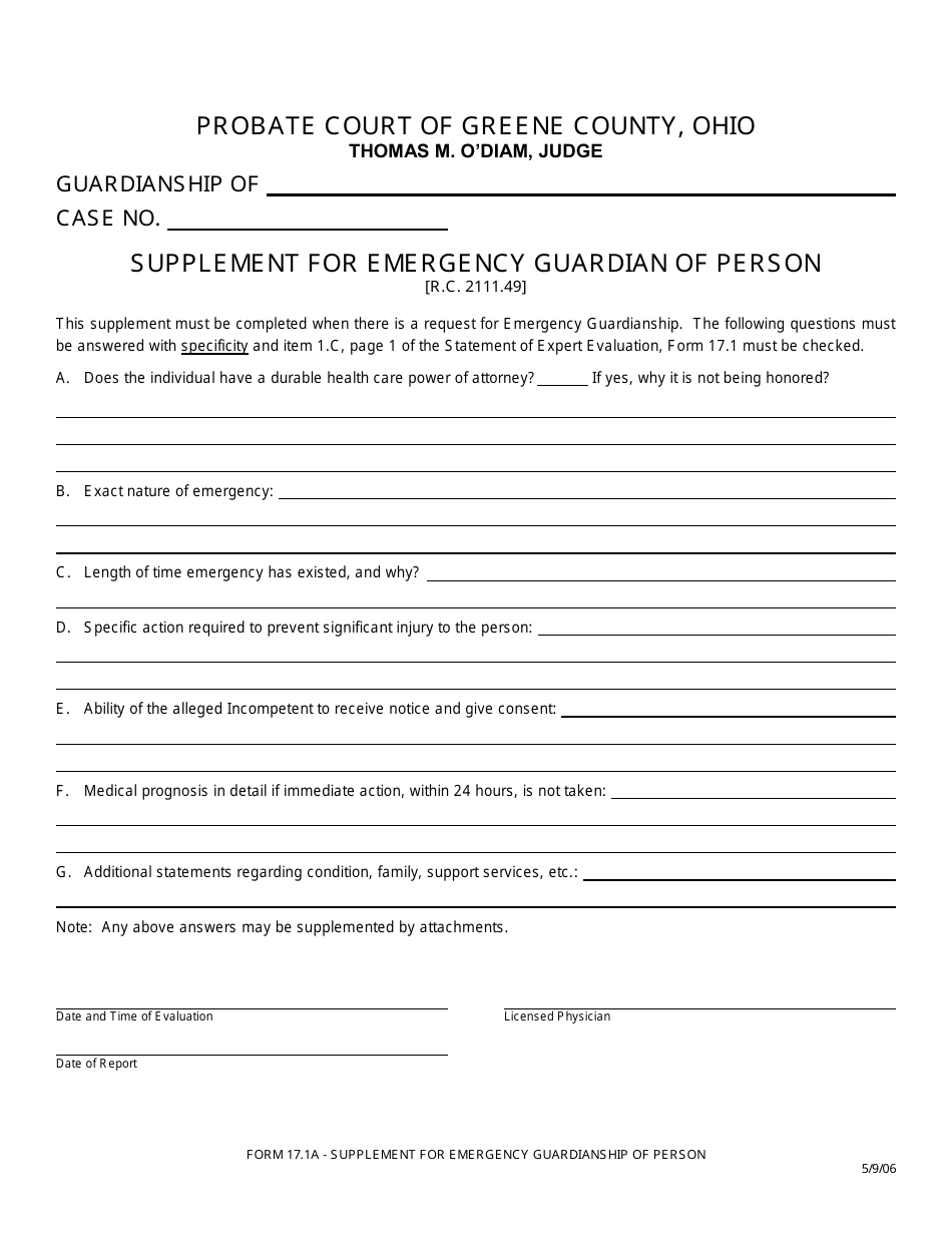 Form 17.1A Supplement for Emergency Guardian of Person - Greene County, Ohio, Page 1