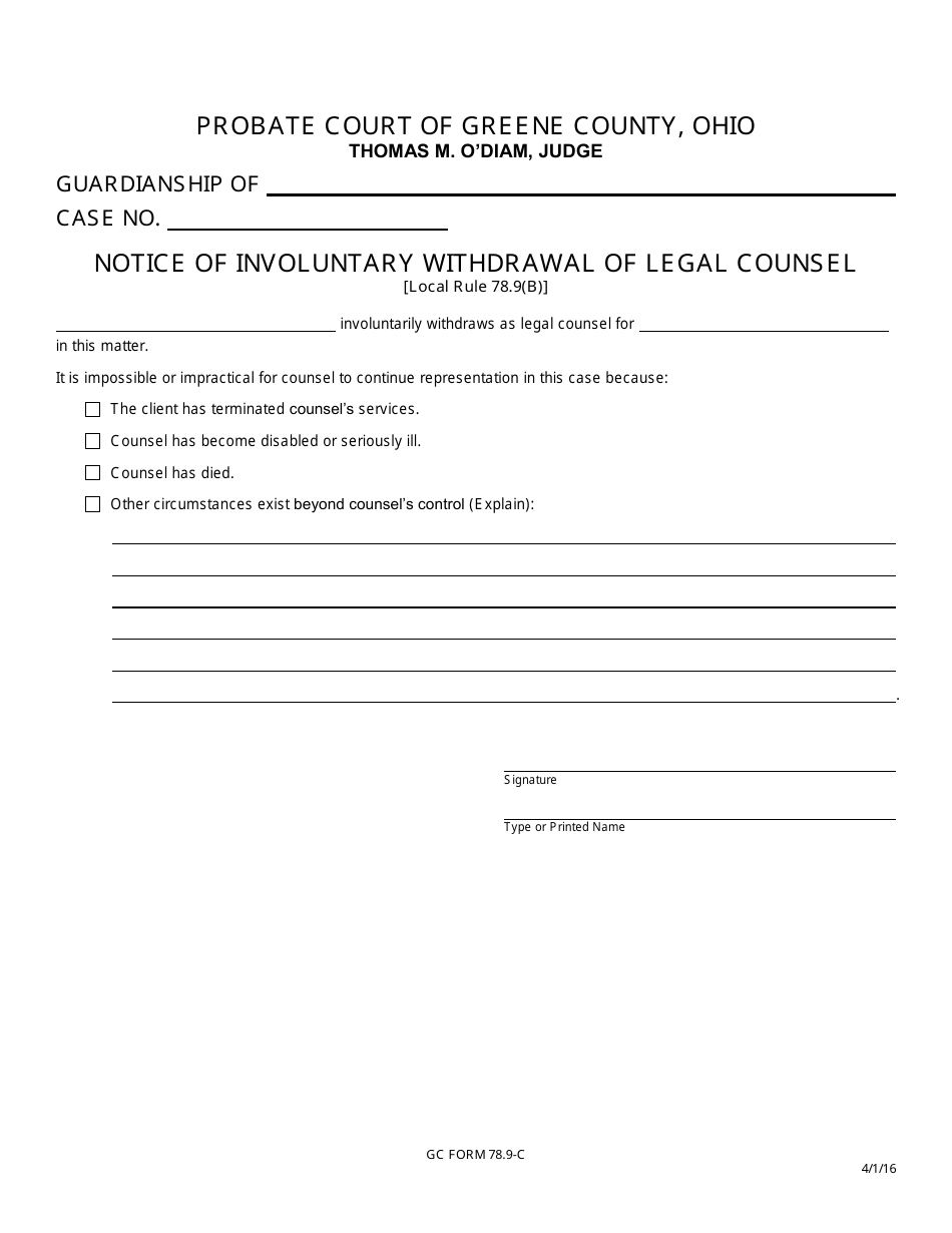 GC Form 78.9-C Notice of Involuntary Withdrawal of Legal Counsel - Guardianship - Greene County, Ohio, Page 1