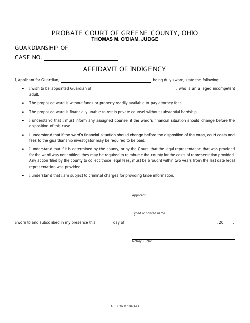 GC Form 104.1-O Affidavit of Indigency - Greene County, Ohio