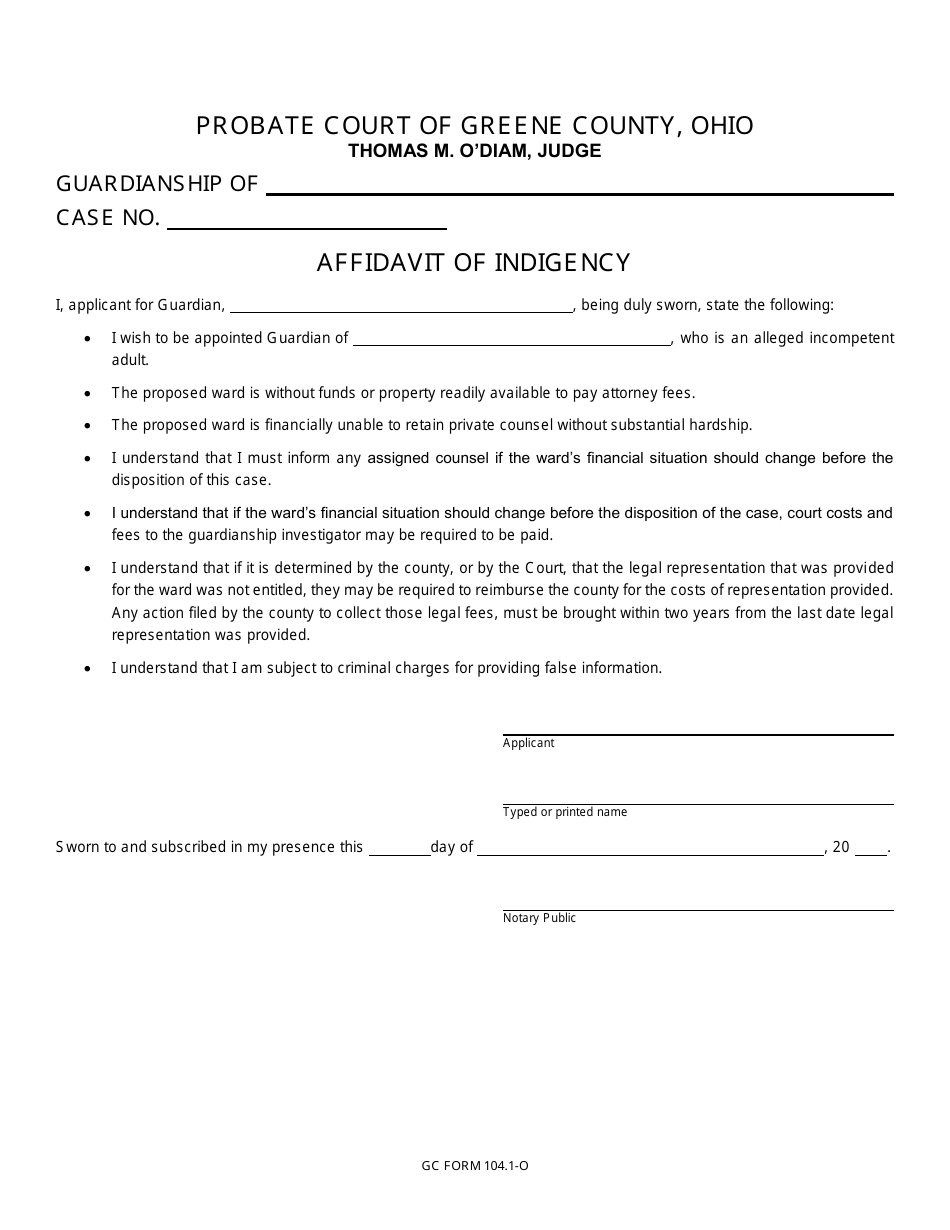 GC Form 104.1-O Affidavit of Indigency - Greene County, Ohio, Page 1