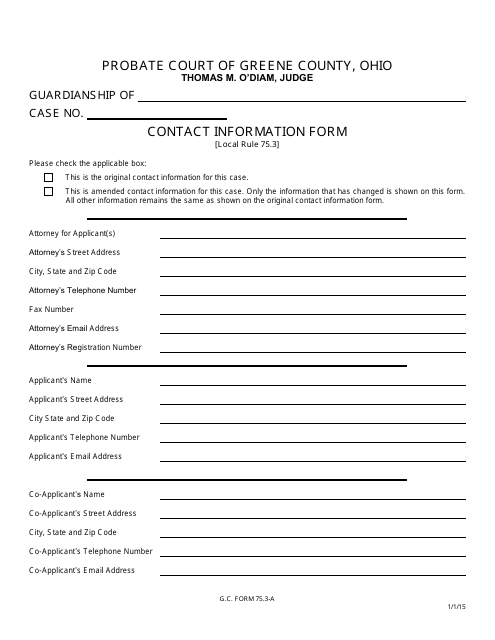GC Form 75.3-A Contact Information Form - Guardianship - Greene County, Ohio