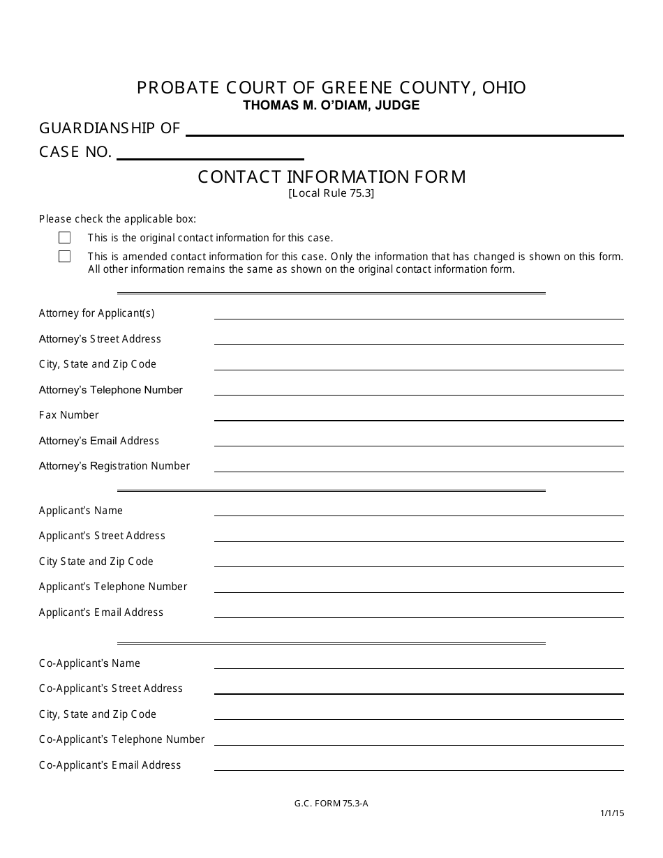 GC Form 75.3-A Contact Information Form - Guardianship - Greene County, Ohio, Page 1
