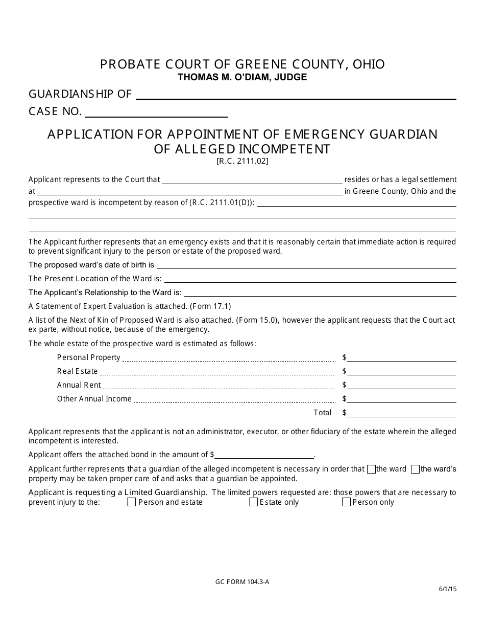 GC Form 104.3-A Application for Appointment of Emergency Guardian of Alleged Incompetent - Greene County, Ohio, Page 1