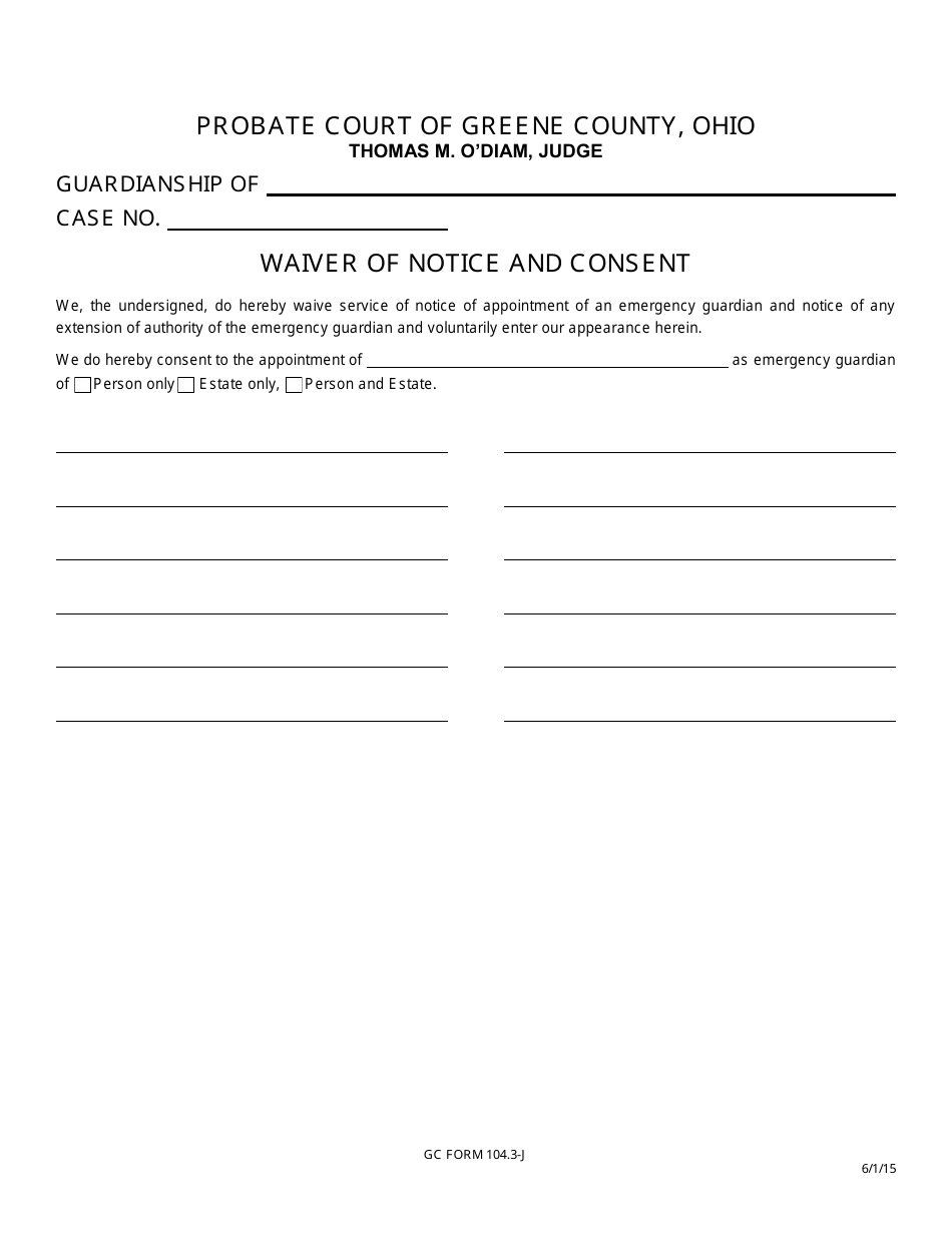 GC Form 104.3-J Waiver of Notice and Consent - Greene County, Ohio, Page 1