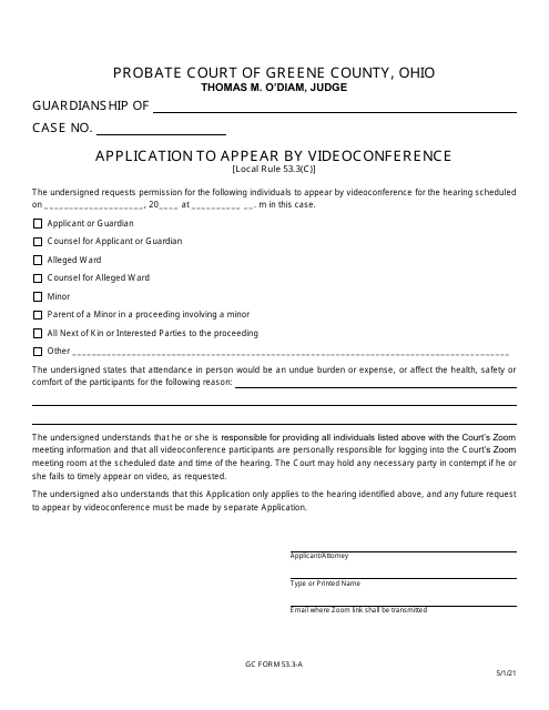 GC Form 53.3-A Application to Appear by Videoconference - Guardianship - Greene County, Ohio