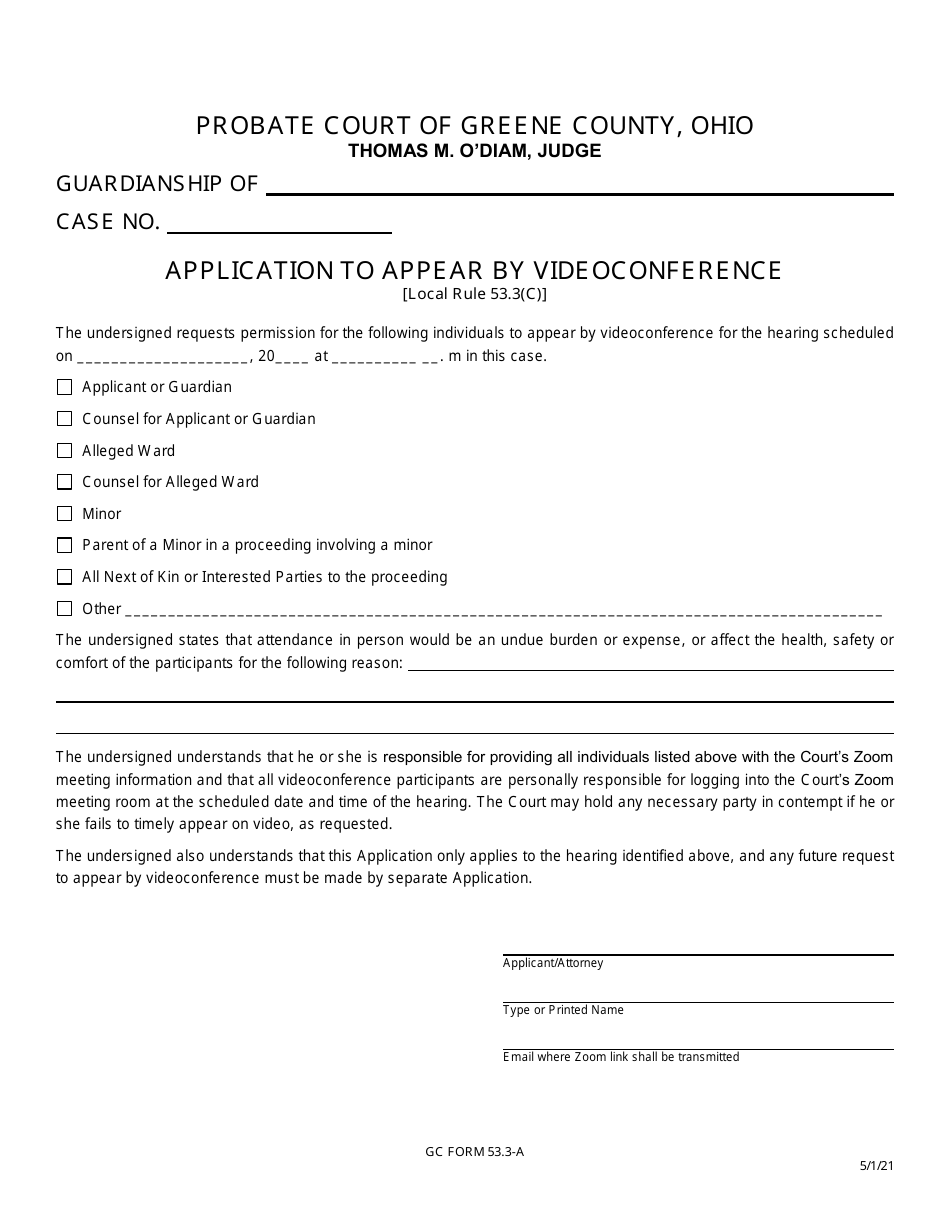 GC Form 53.3-A Application to Appear by Videoconference - Guardianship - Greene County, Ohio, Page 1