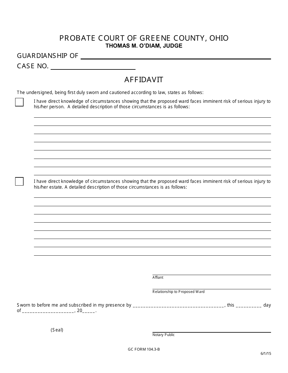 GC Form 104.3-B Affidavit - Guardianship - Greene County, Ohio, Page 1